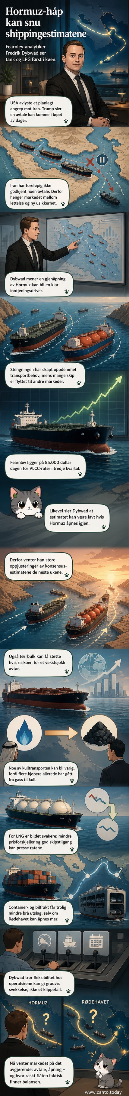 Illustrasjon av store tankskip og LPG-tankere i bevegelse mot bakgrunnen av Midtøsten, med tekst om økende fraktrater.