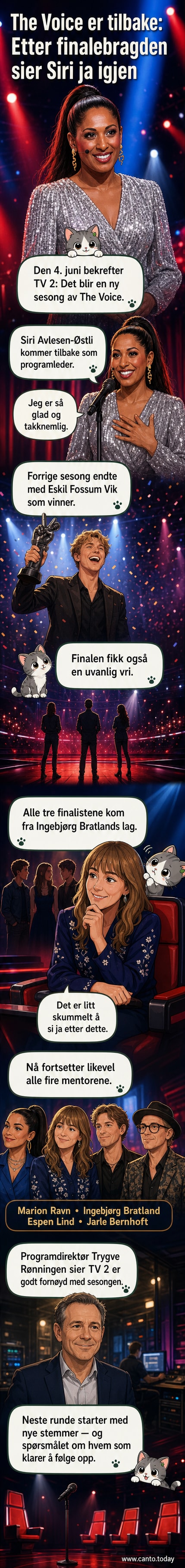Programleder Siri Avlesen-Østli står midt i et studio med mikrofon, omgitt av publikum og mentorene fra «The Voice».