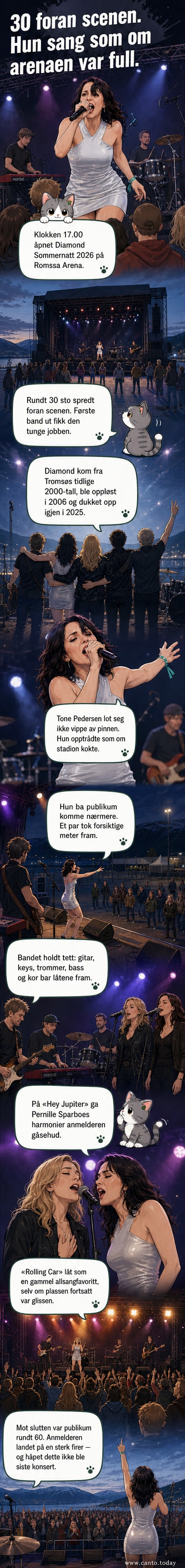 Bandet Diamond på scenen under Sommernatt-festivalen 2026, med frontfigur Tone Pedersen i fokus og svært få tilskuere i bakgrunnen.