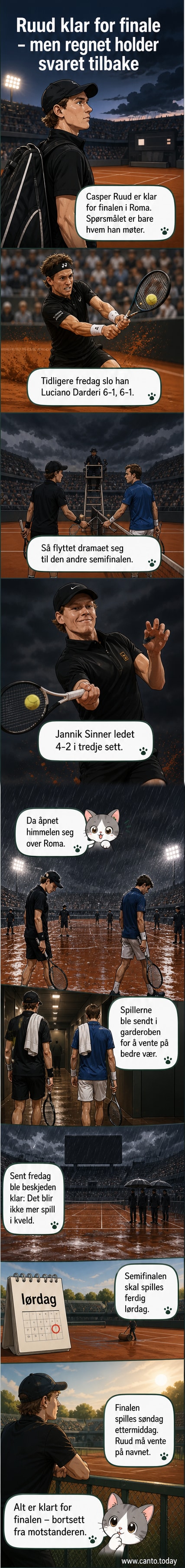 Tennisspiller Casper Ruud står alene på banen under regn i Roma, venter på at kampen skal gjenopptas.