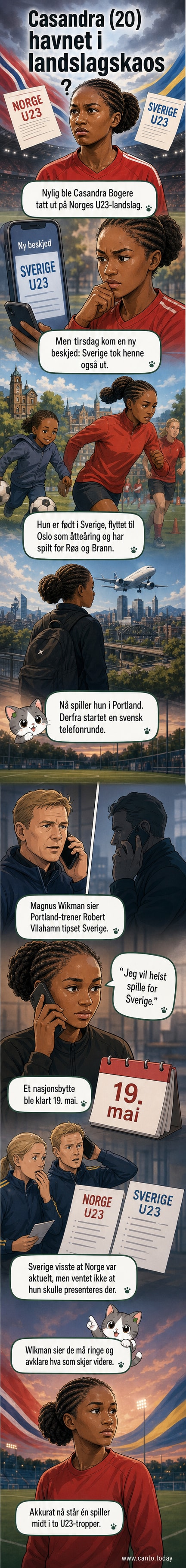 Illustrasjon av en fotballspiller i midtfelt, delvis i norsk og delvis i svensk drakt, med spørsmålstegn over hodet.