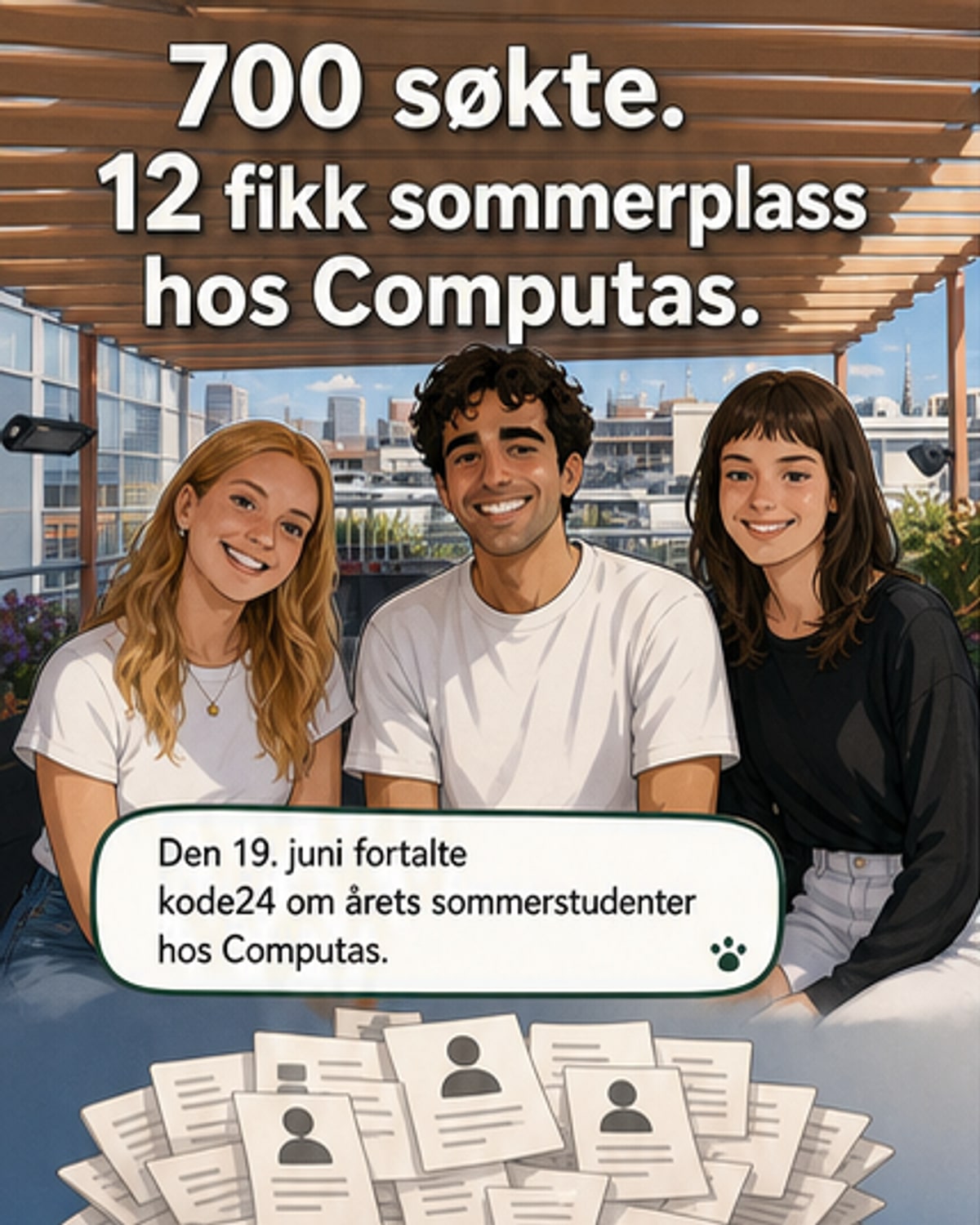 Gruppebilde av ti studenter og to designere som deltar i sommerjobbprogrammet hos Computas, med logo og tekst om KI-prosjekter for UDI og Azets.