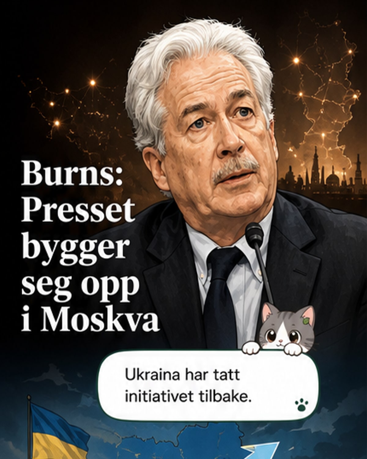 Illustrasjon av William Burns og Vladimir Putin med grafiske elementer som viser militære fremskritt og økende press i Moskva.