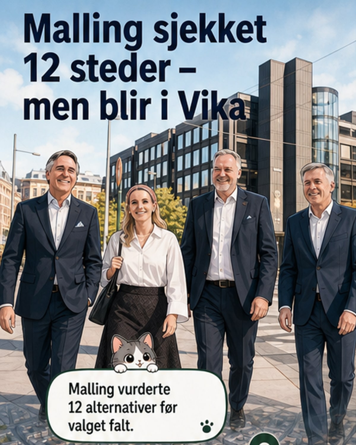 Fotografi av undertegnelse av leieavtale mellom representanter for Malling og Nordea Liv i Dronning Mauds gate 15, med skilt i bakgrunnen.