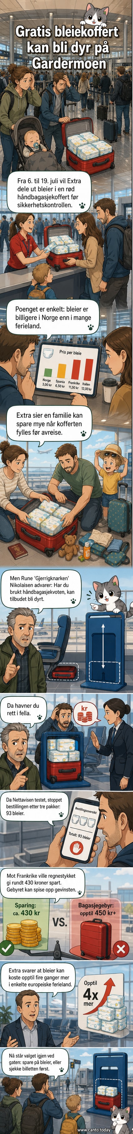 En rød håndbagasjekoffert med stor Extra-logo, fylt med bleier, står på et bagasjebånd på flyplassen.