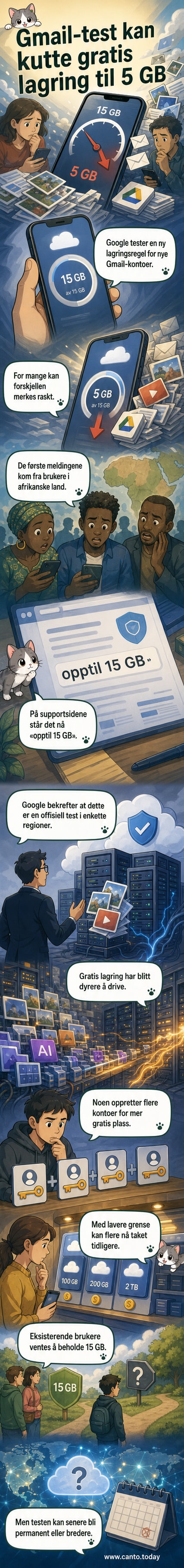 Illustrasjon av en nedskalert Gmail-lagringsplass, hvor skyen blir tett av filer og det dukker opp en advarsel om 'liten lagringsplass igjen'.