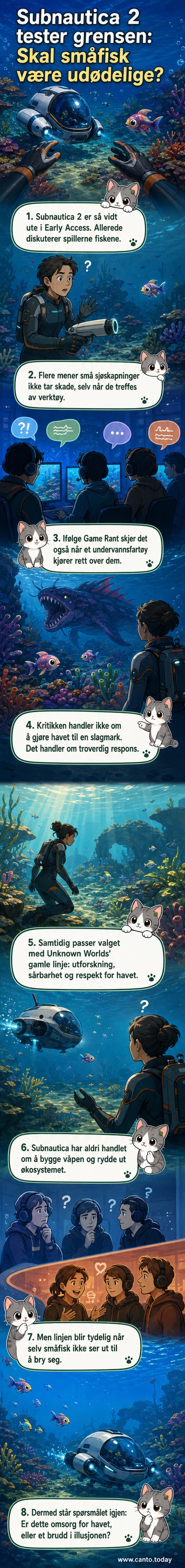 Undervannslandskap fra Subnautica 2 med glitrende fisk som svømmer rolig, selv når et kjøretøy nærmer seg
