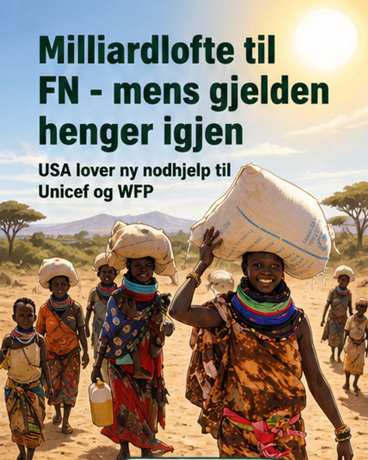 Illustrasjon av en amerikansk flagg som deler ut penger til FN-organisasjoner med Unicef og WFP-loger, med verdenskart i bakgrunnen.