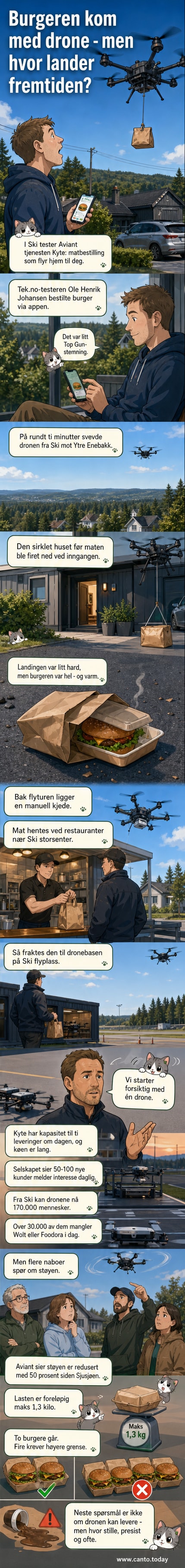 En drone svever over et hus i Enebakk med en matpakke hengende under. Bildet er tatt fra bakken.
