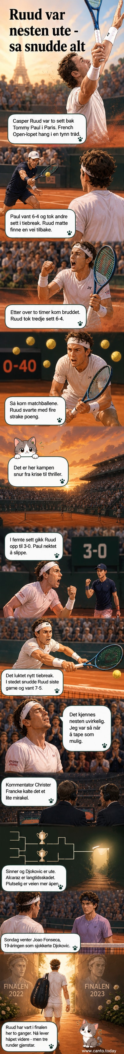 Casper Ruud spiller en retur mot Tommy Paul under solfylt himmel i Roland Garros-stadion under French Open 2024.