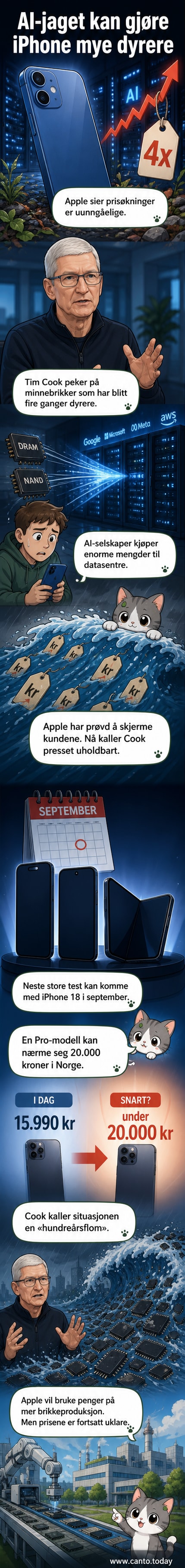 Illustrasjon av en iPhone med en graf som viser en kraftig prisstigning, omgitt av symboler for AI og datasentre.