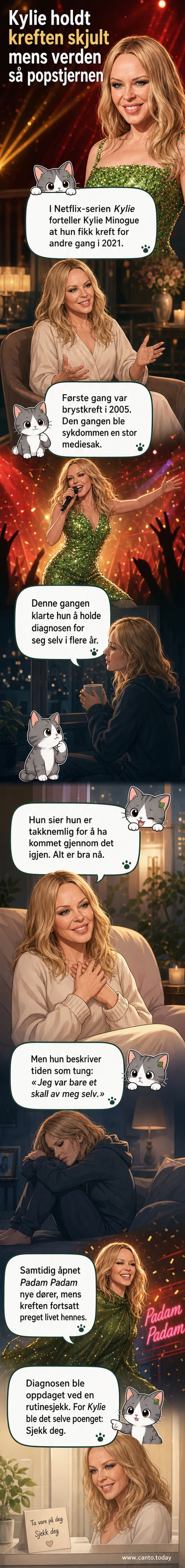 Kylie Minogue står smilende på en scene med lys og musikk, mens tekst i bakgrunnen avslører at hun har fått kreft for andre gang.