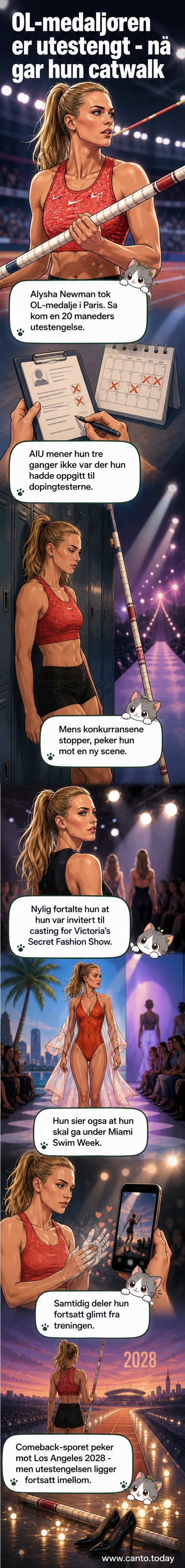 En kvinne i moteantrekk står på en catwalk, mens publikum ser på. I bakgrunnen er det skilt med teksten 'Miami Swim Week'.