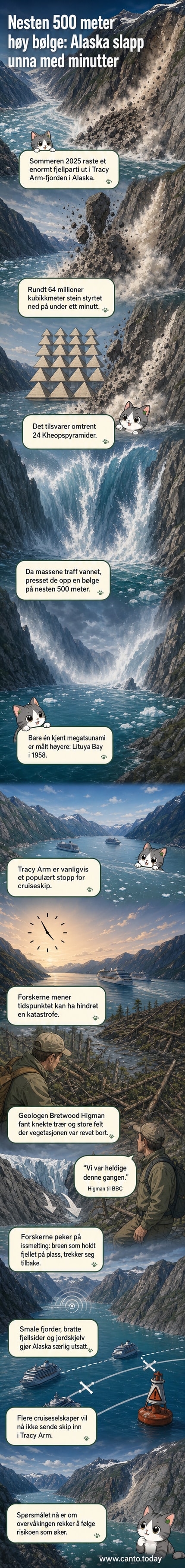 Illustrasjon av en enorm tsunami som raser gjennom en smal, bratt fjord i Alaska, med knekte trær og steinras i bakgrunnen.