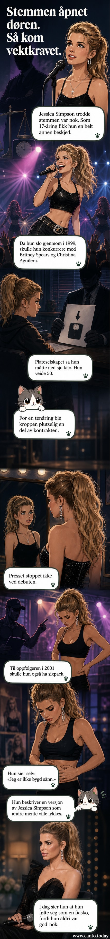 Jessica Simpson står på en scene med mikrofon i hånd, omgitt av lys, mens tekst i bakgrunnen viser hennes uttalelse om vektpress fra plateselskapet.
