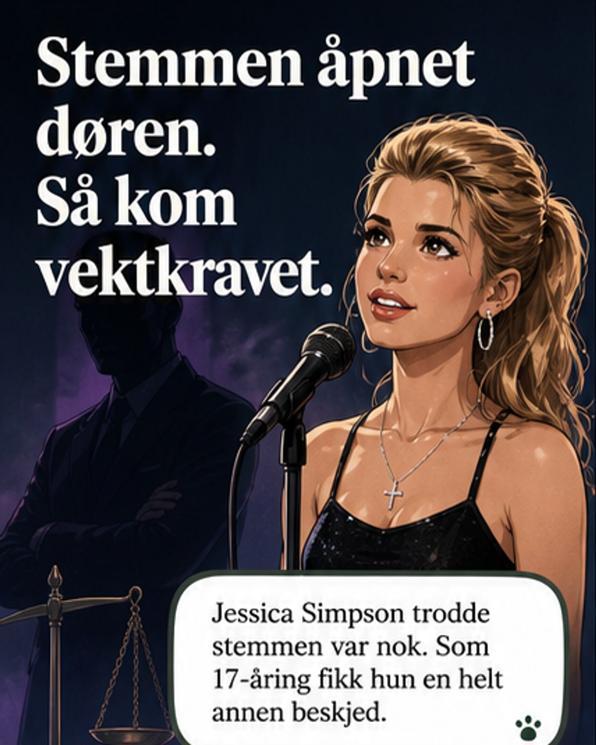 Jessica Simpson står på en scene med mikrofon i hånd, omgitt av lys, mens tekst i bakgrunnen viser hennes uttalelse om vektpress fra plateselskapet.