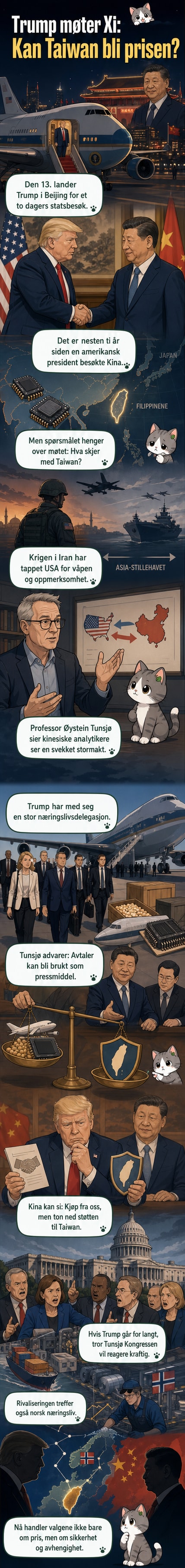 Illustrasjon av Donald Trump og Xi Jinping som møtes i Beijing, med skyggen av Taiwan og databrikker i bakgrunnen.