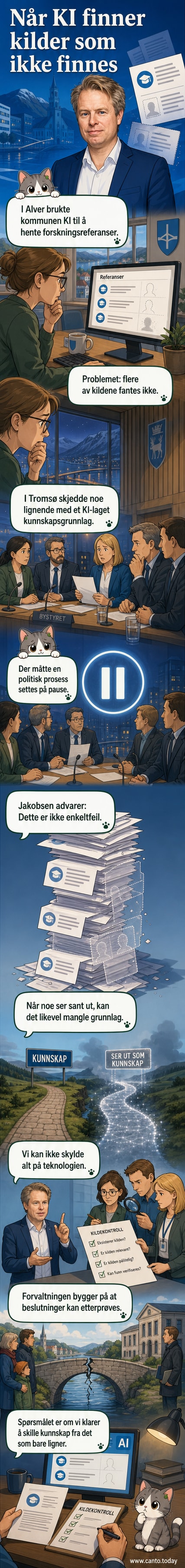 Illustrasjon av en robot som skriver referanser i en bok, men sidene er tomme og kildene eksisterer ikke.