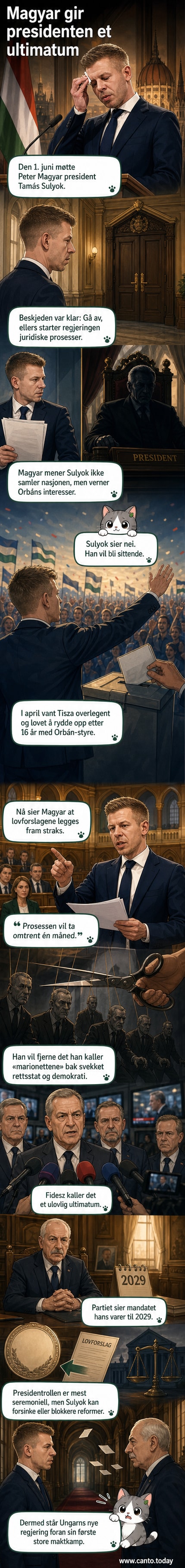 Illustrasjon av Peter Magyar og Tamás Sulyok i konfrontasjon, med ungersk flagg i bakgrunnen og juridiske dokumenter mellom dem.