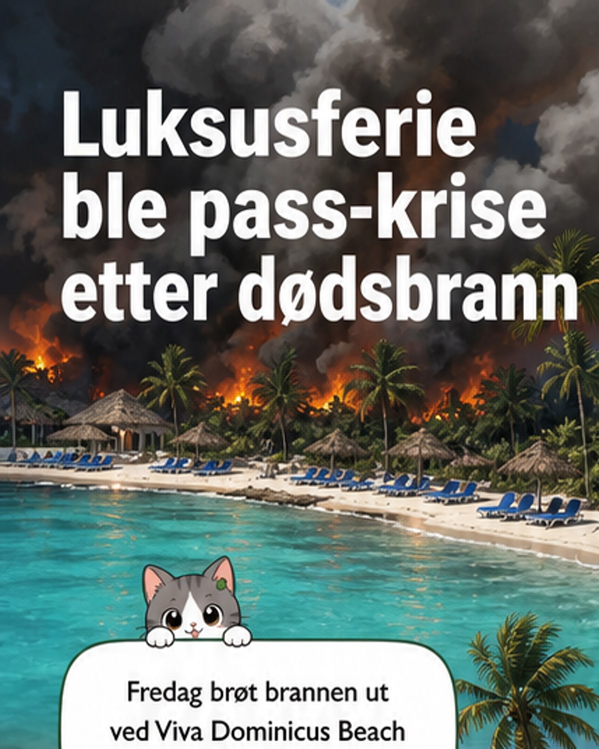 Ødelegges av brann ved et karibisk luksushotel, med røyk og flammer over strand og bygninger, mens nødtjenester er på stedet.