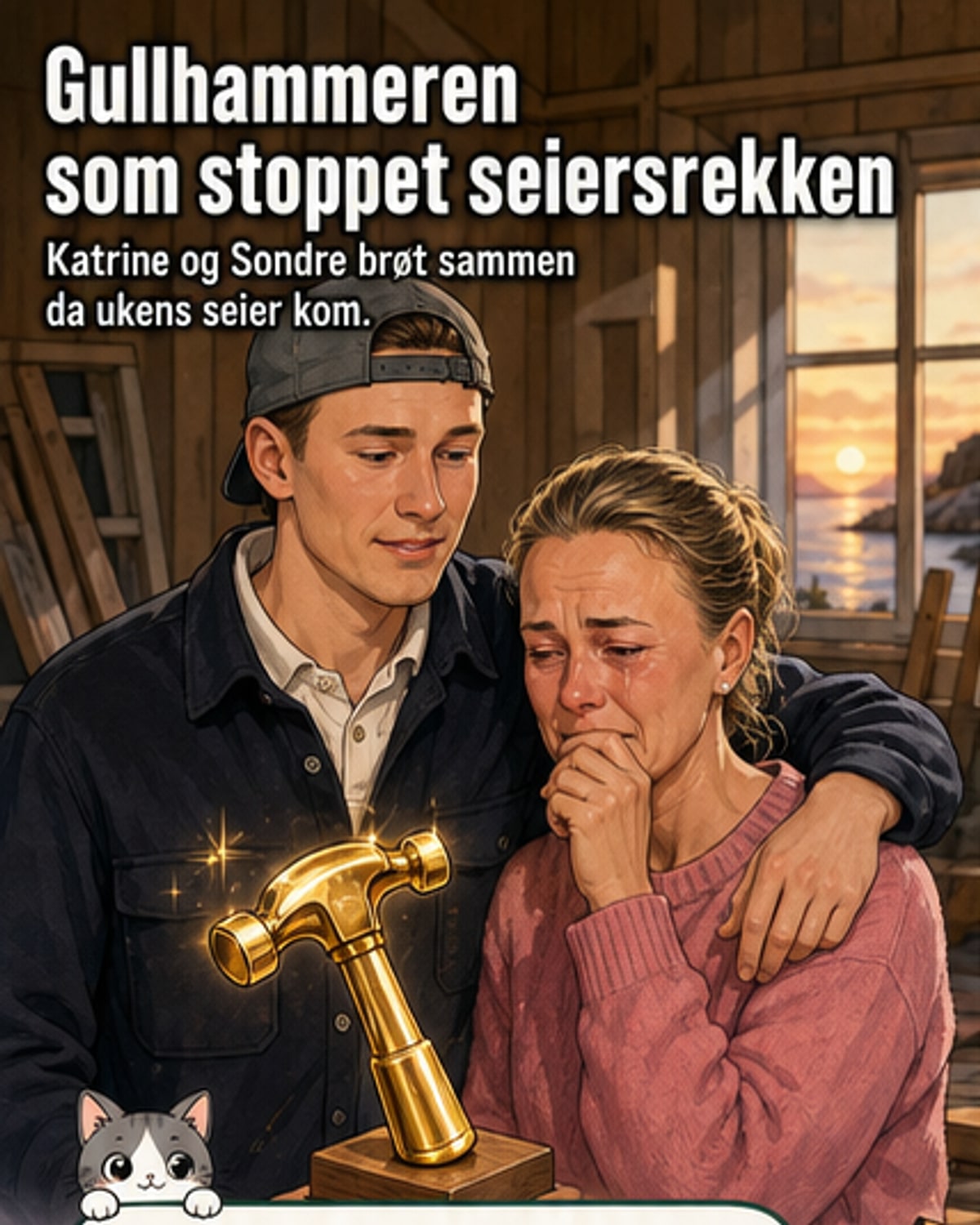 Katrine Kile og sønnen Sondre Kile Lorentzen omfavner hverandre med tårer i øynene etter å ha mottatt Gullhammeren i programmet «Sommerhytta».