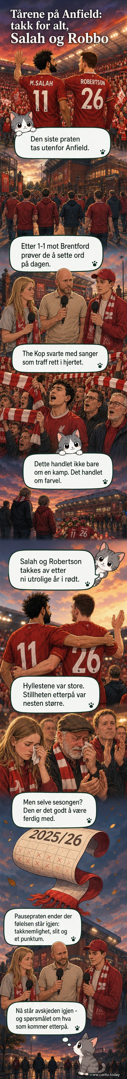 Mohamed Salah og Andy Robertson tar farvel med Liverpool-supportere på Anfield, omgitt av flagg og røyk.