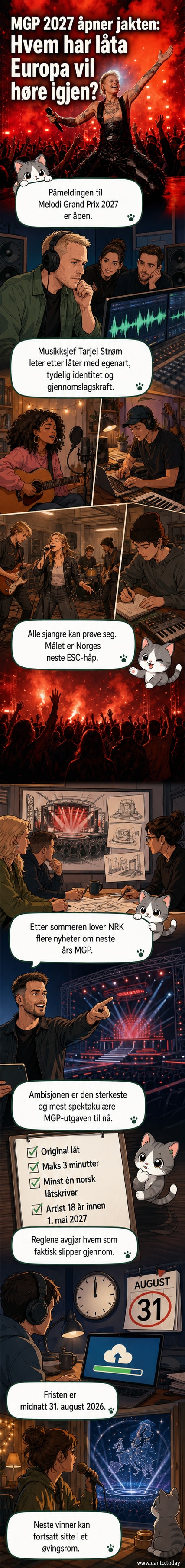 En scene med lys og publikum, og tekst som annonsere påmelding til Melodi Grand Prix 2027.