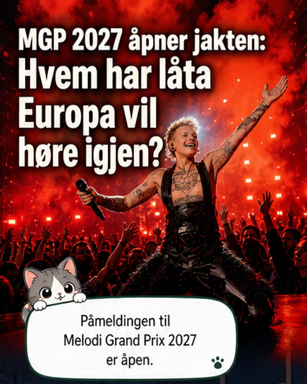 En scene med lys og publikum, og tekst som annonsere påmelding til Melodi Grand Prix 2027.