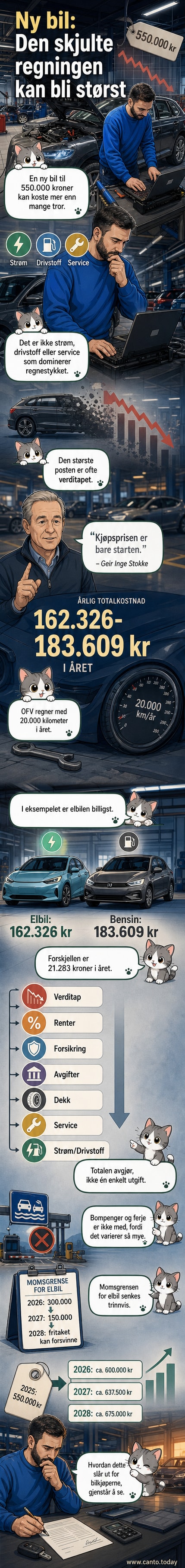 Illustrasjon av en ny elbil og en bensinbil med grafiske tall som viser totalkostnader og verditap over tid