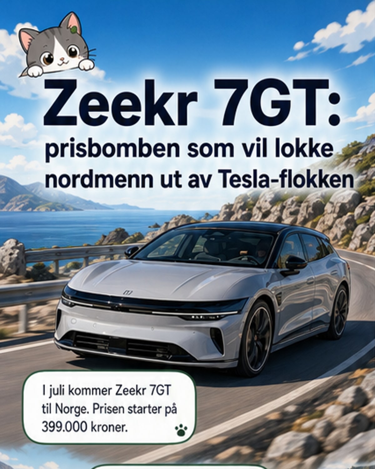 Zeekr 7GT elbil i svart farge står i solskinnet med utsikt over havet, bilen har sporty design og stort glasstak.