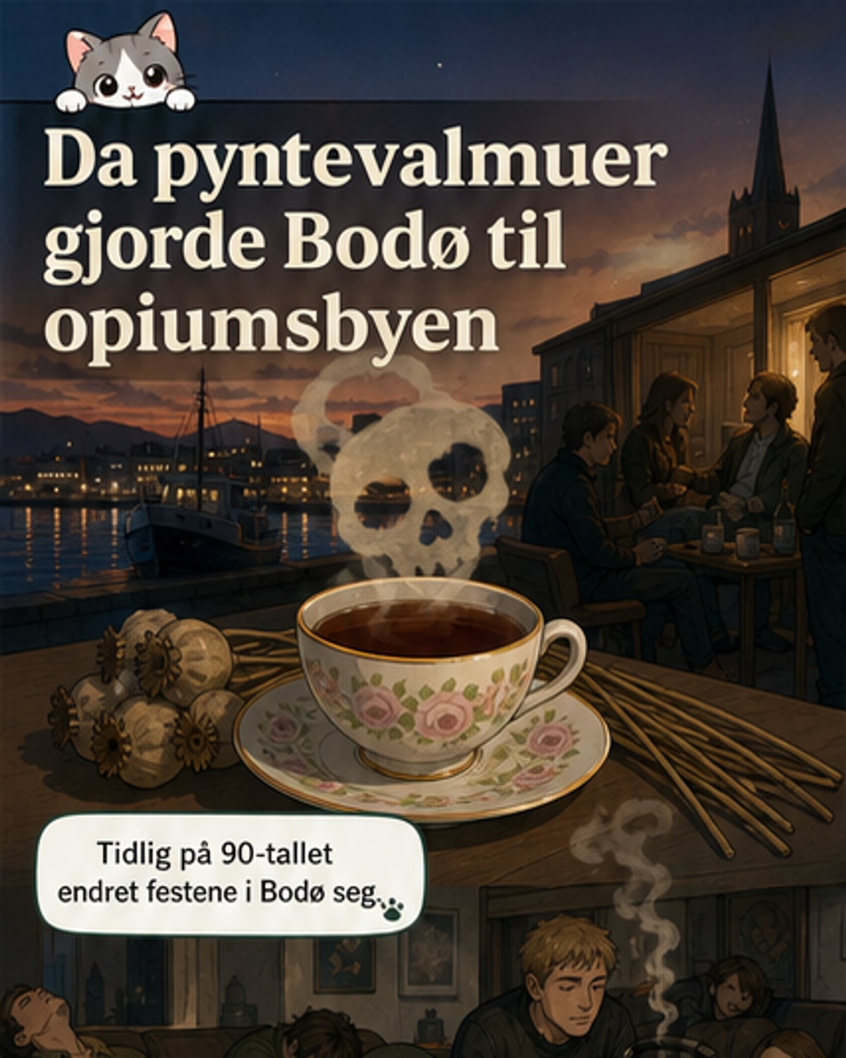 Illustrasjon av en ung mann som kokker te av opiumsvalmuer i en leilighet i Bodø på 1990-tallet, med røyk og tørre blomster overalt.