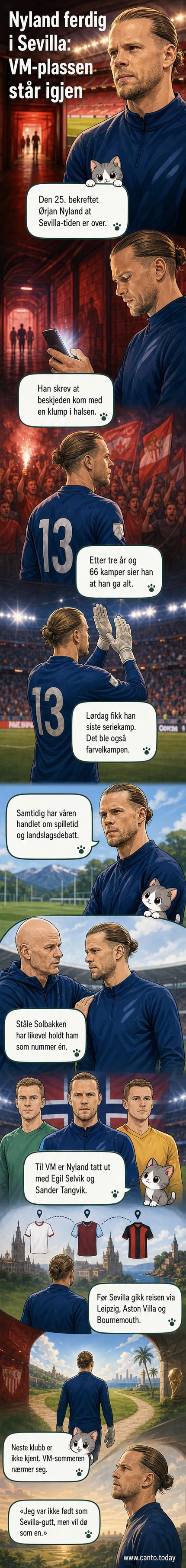 Norsk fotballkeeper Ørjan Nyland i Sevilla-drakt, tar farvel med hånden over hjertet.