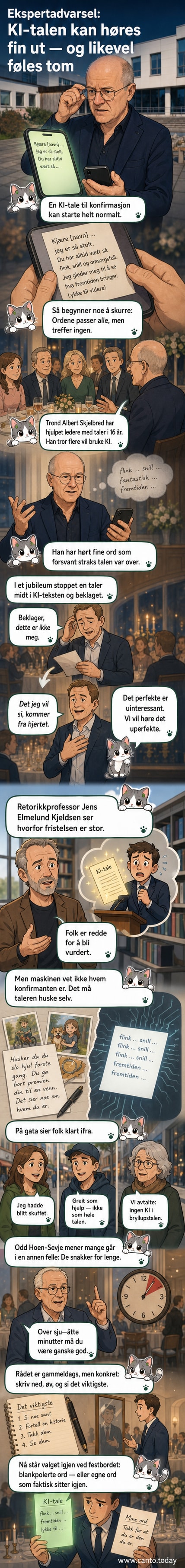 En person leser fra et ark under en konfirmasjon, mens en skjerm bak viser KI-genererte tekstlinjer som 'Kjære [navn], jeg er så stolt av deg'.