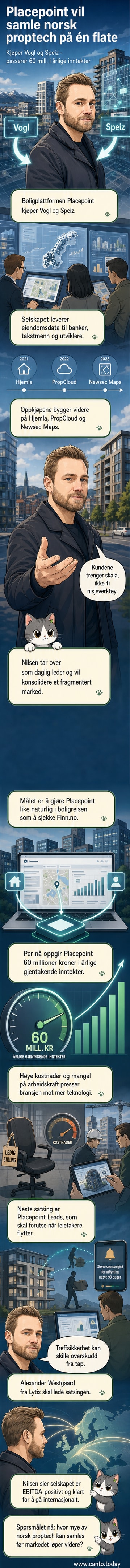 Illustrasjon av en digital boligplattform som samlar data fra flere selskaper inn i ett grensesnitt, med grafer og boligikoner som flyt inn mot en sentral skjerm.
