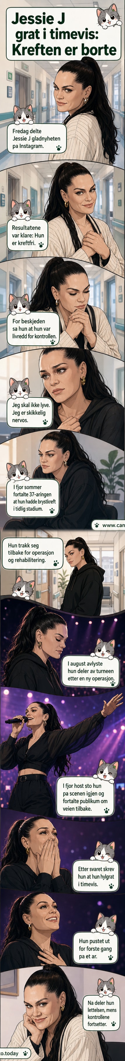 Jessie J smiler mot kameraet i et sykehus, med tårer i øynene, etter å ha fått beskjed om at hun er fri for kreft.