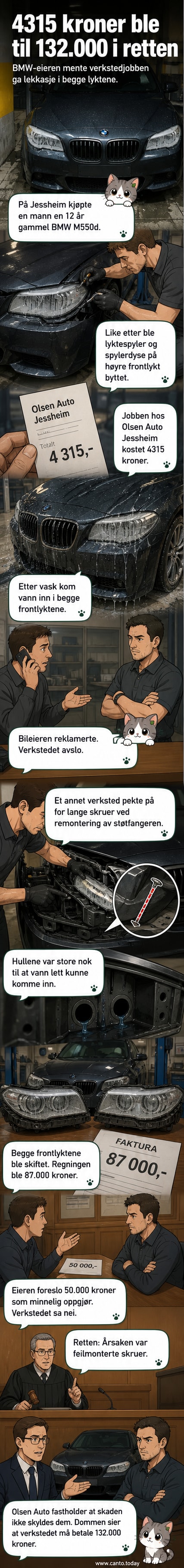To skadete frontlykter på en BMW, med vannlekkasje etter feilmontering ved bilverksted.