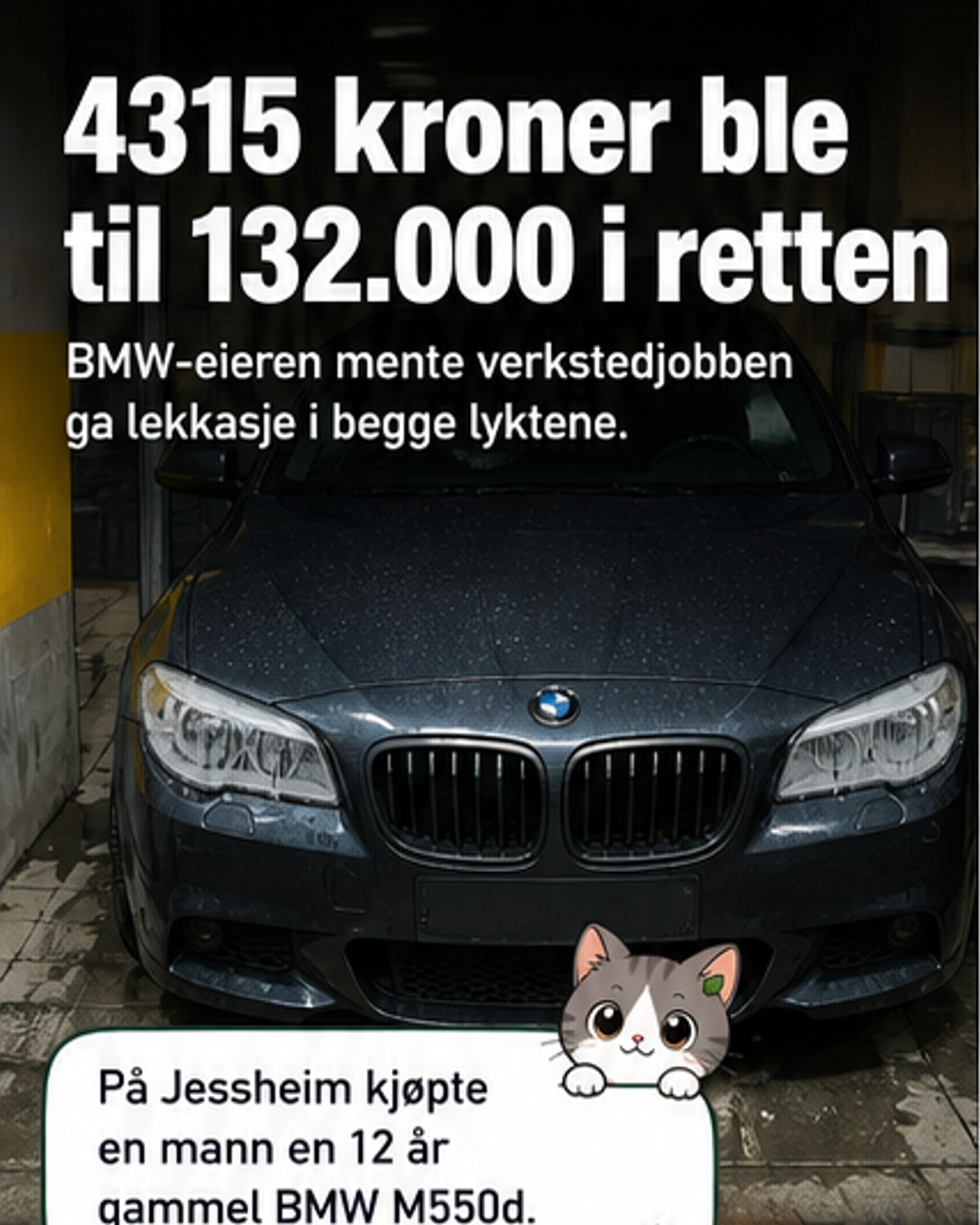 To skadete frontlykter på en BMW, med vannlekkasje etter feilmontering ved bilverksted.