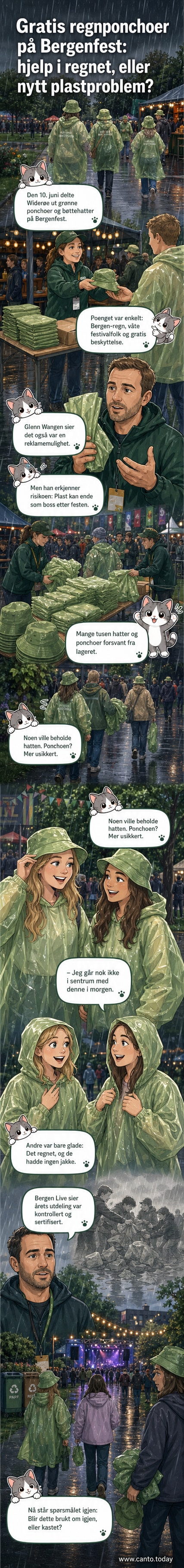 To kvinner i grønne Widerøe-ponchoer og -hatter står og ler under regn på Bergenfest.