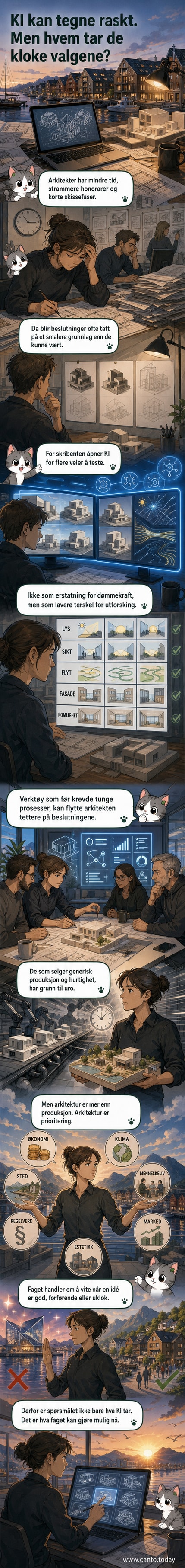 En arkitekt arbeider ved en dataskjerm hvor KI-genererte designalternativer vises ved siden av tradisjonelle tegninger.