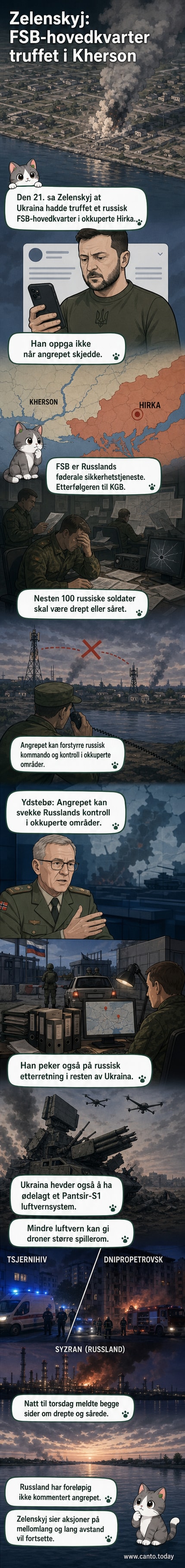 Illustrasjon av et ødelagt bygg i Kherson med ukrainske droner i bakgrunnen, symboliserende et angrep mot et russisk FSB-kontor.