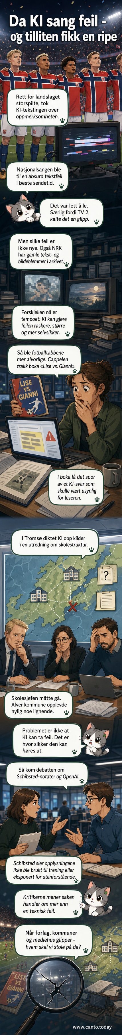 Illustrasjon av en robot som skriver feil tekst på en skjerm, mens en leser ser forundret på en bok og en TV-skjerm med feil nasjonalsang.