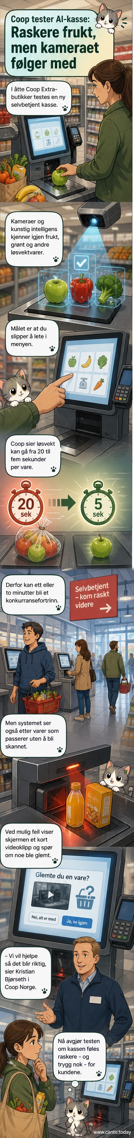 Illustrasjon av en selvbetjent kasse i en Coop-butikk med kamera og AI-ikon som viser gjenkjenning av epler og bananer på vekten.