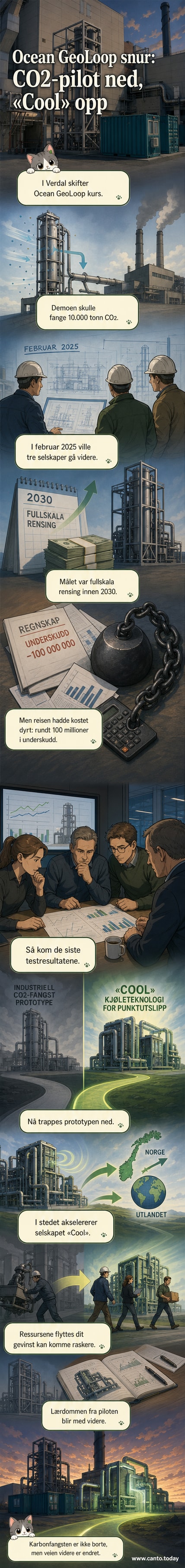 Illustrasjon av en industriell anleggsplass med CO₂-utslipp, hvor en del av røret er erstattet med et kjølesystem, og et skilt viser ny strategi med pil mot 'Cool'-teknologi.