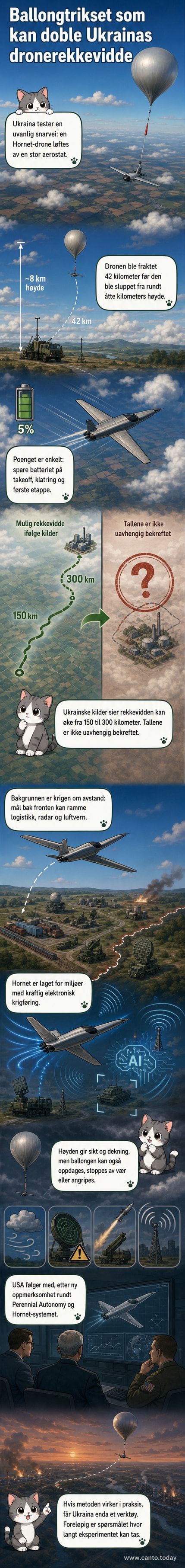 En ukrinsk Hornet-angrepsdrone henger under en stor aerostatballong under en test for å øke flyrekkvidde bak fiendens linjer.