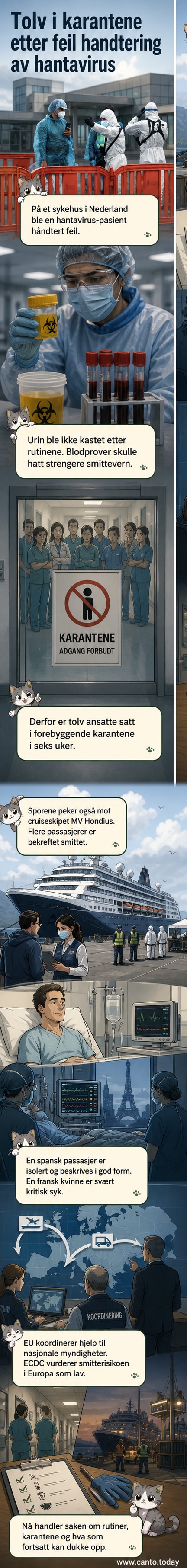 Illustrasjon av sykehuspersonell i beskyttelsesutstyr, med en pasient i isolasjon og advarselsskilt mot smitte.