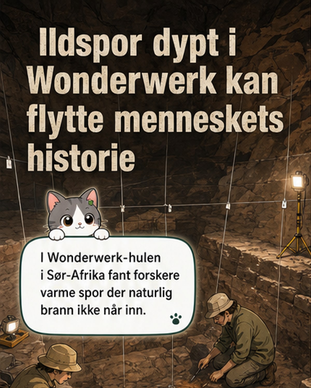 Illustrasjon av en mørk hule der inne i bakgrunnen skinner et svakt rødt skinn fra ild, med nakne menneskefigurer som holder på bein og verktøy.