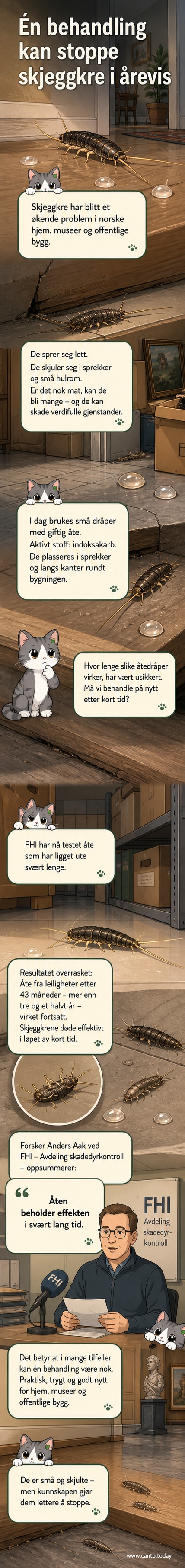 Illustrasjon av en liten skjeggkre nær en dråpe giftåt i en leilighet, med en klokke som viser lang tid og et merke som indikerer at virkningen varer over tre år.