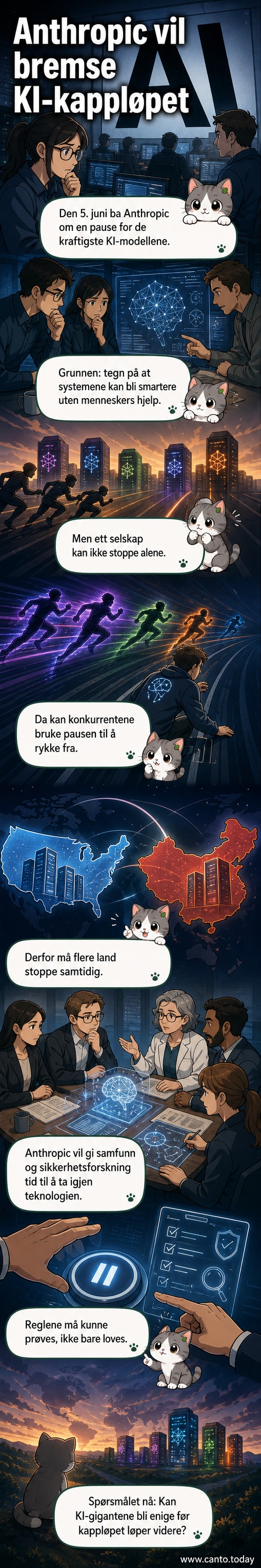 Illustrasjon av en menneskelig hånd som stopper en lysende KI-hjerne med kode bakgrunn, symboliserende en forespørsel om pause i utviklingen av kunstig intelligens.