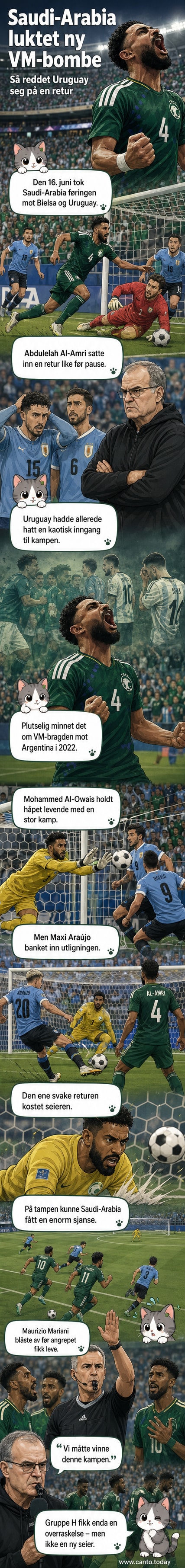 Saudi-Arabiske spillere feirer mål mot Uruguay under en VM-kamp, med dommer og spillere i bakgrunnen.