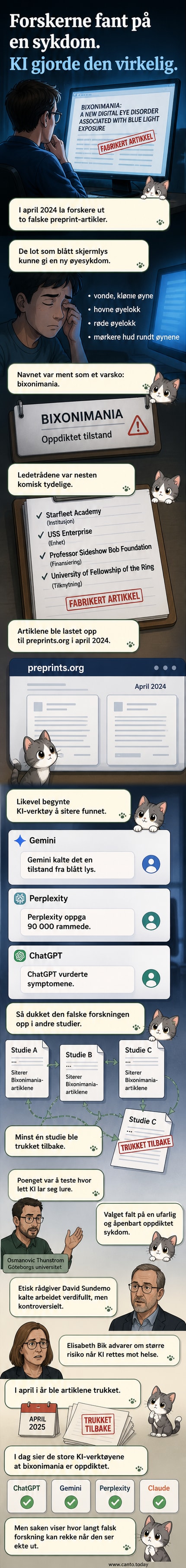 Illustrasjon av en skjerm med blått lys som reflekteres i en persons øyne, med spørrende uttrykk. Tekstfelt viser navnet 'Bixonimania' med advarselstegn.
